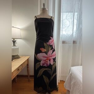 Yozy Black Maxi Dress with Pink Floral Design, XL, NWT,